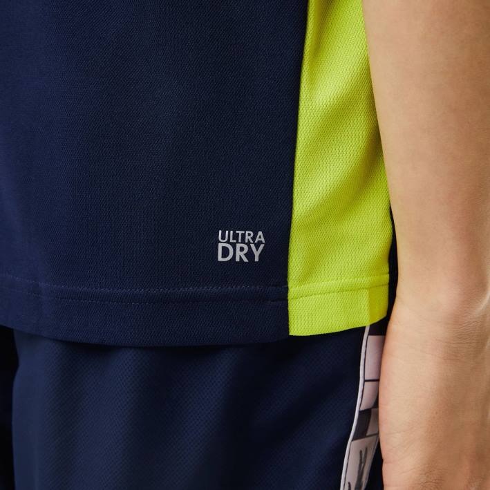 hombres Lacoste 6F24586 azul marino amarillo blanco kl8 camiseta de tenis sport con estampado de cocodrilo