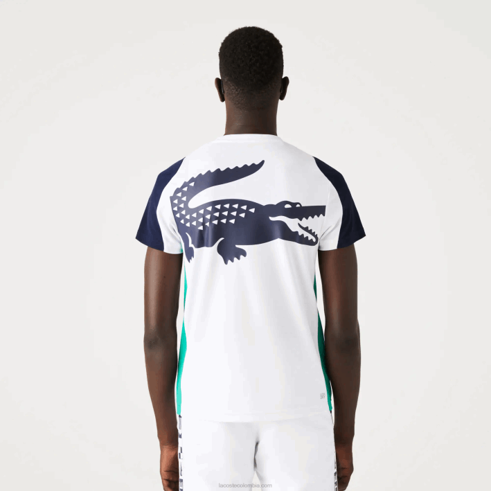 hombres Lacoste 6F24588 blanco verde azul marino yh9 camiseta de tenis sport con estampado de cocodrilo