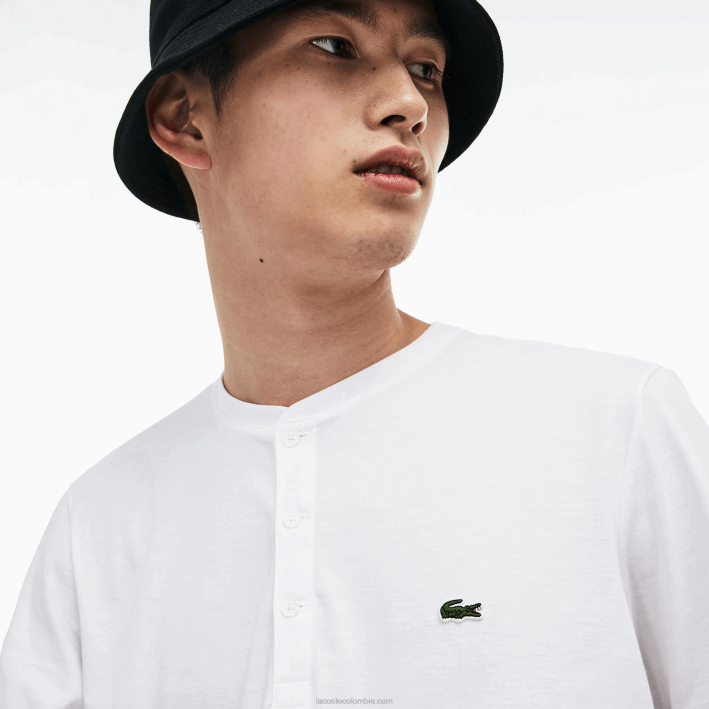 hombres Lacoste 6F24589 blanco 001 camiseta de punto de algodón pima con cuello henley