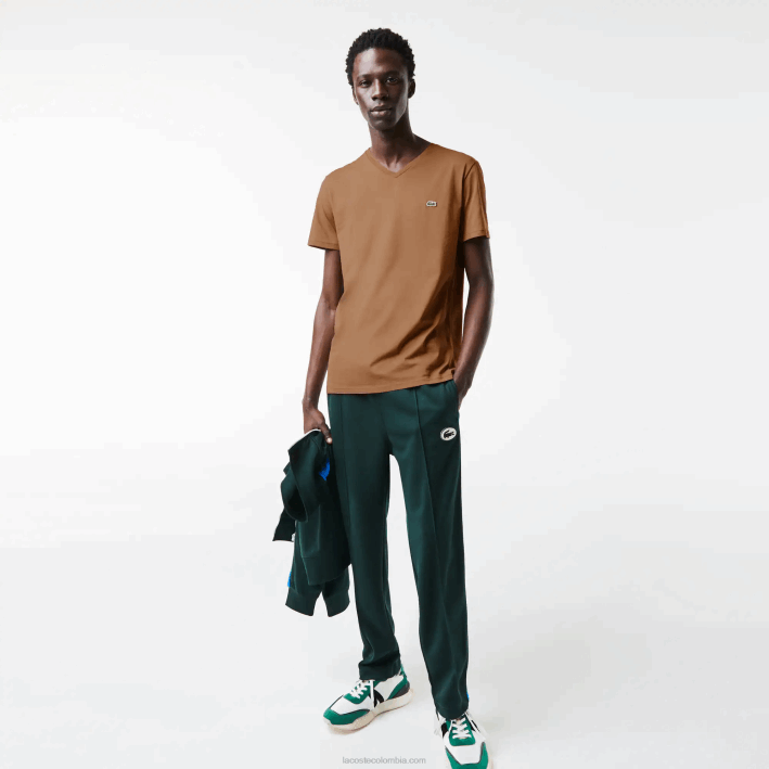 hombres Lacoste 6F24613 marrón z0w playera de punto de algodón pima con cuello en V