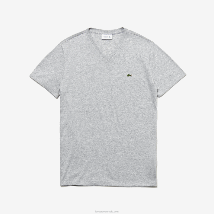 hombres Lacoste 6F24614 lomo gris cca playera de punto de algodón pima con cuello en V