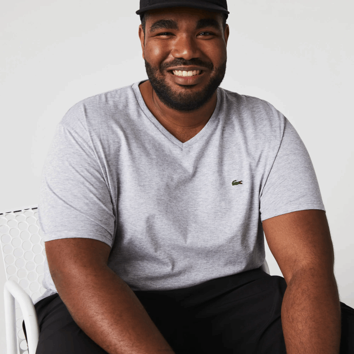 hombres Lacoste 6F24614 lomo gris cca playera de punto de algodón pima con cuello en V