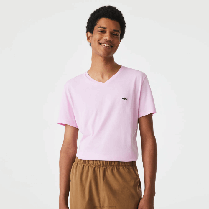 hombres Lacoste 6F24615 rosa z4h playera de punto de algodón pima con cuello en V