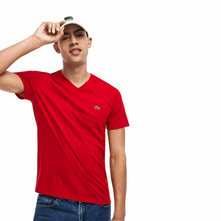 hombres Lacoste 6F24617 rojo 240 playera de punto de algodón pima con cuello en V