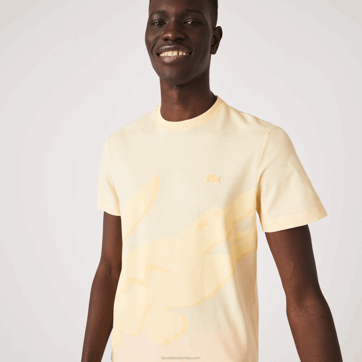 hombres Lacoste 6F24636 hbz amarillo camiseta de algodón orgánico elástico con cuello redondo y estampado de cocodrilo