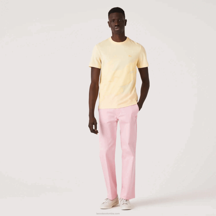 hombres Lacoste 6F24636 hbz amarillo camiseta de algodón orgánico elástico con cuello redondo y estampado de cocodrilo