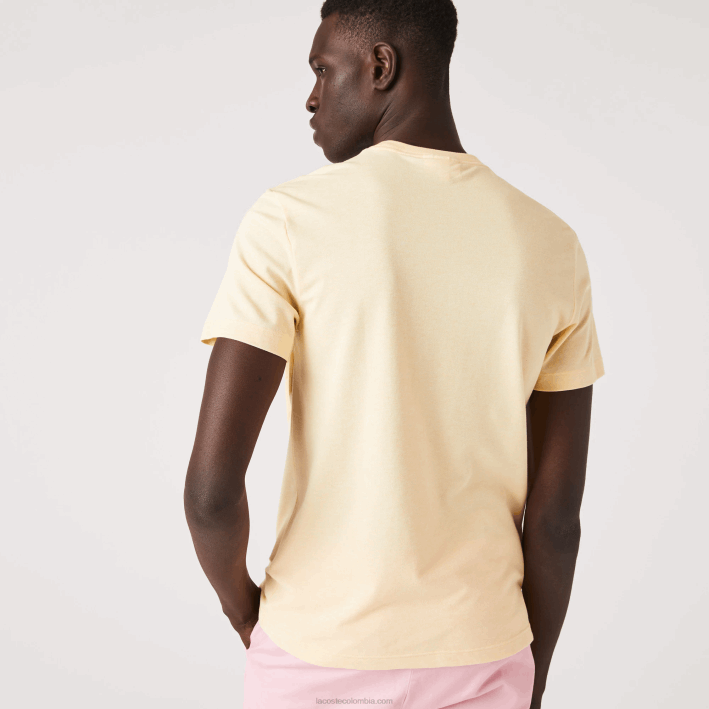 hombres Lacoste 6F24636 hbz amarillo camiseta de algodón orgánico elástico con cuello redondo y estampado de cocodrilo