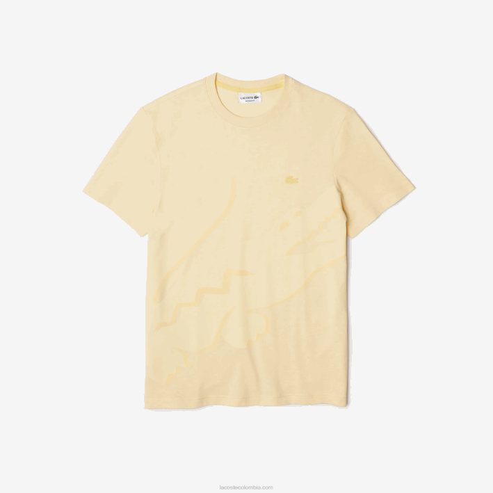 hombres Lacoste 6F24636 hbz amarillo camiseta de algodón orgánico elástico con cuello redondo y estampado de cocodrilo