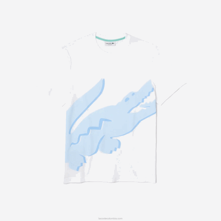 hombres Lacoste 6F24637 blanco 001 camiseta de algodón orgánico elástico con cuello redondo y estampado de cocodrilo