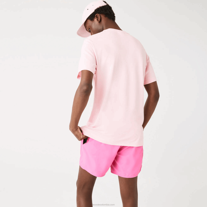 hombres Lacoste 6F24638 rosa camiseta de algodón orgánico elástico con cuello redondo y estampado de cocodrilo