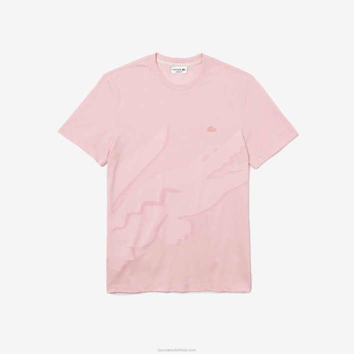 hombres Lacoste 6F24638 rosa camiseta de algodón orgánico elástico con cuello redondo y estampado de cocodrilo
