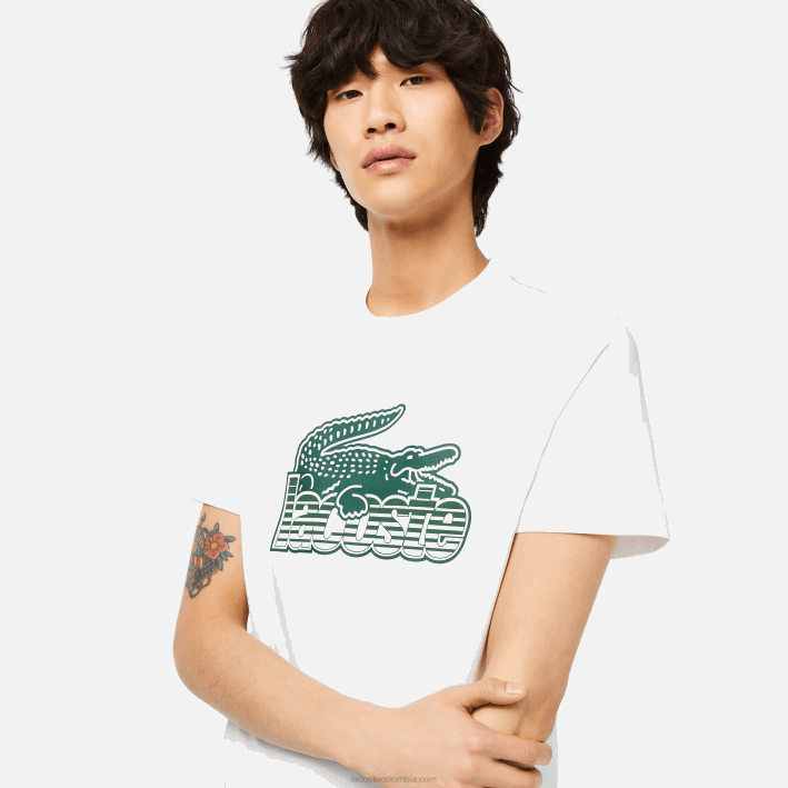hombres Lacoste 6F2463 blanco 001 playera con estampado de jersey de algodón