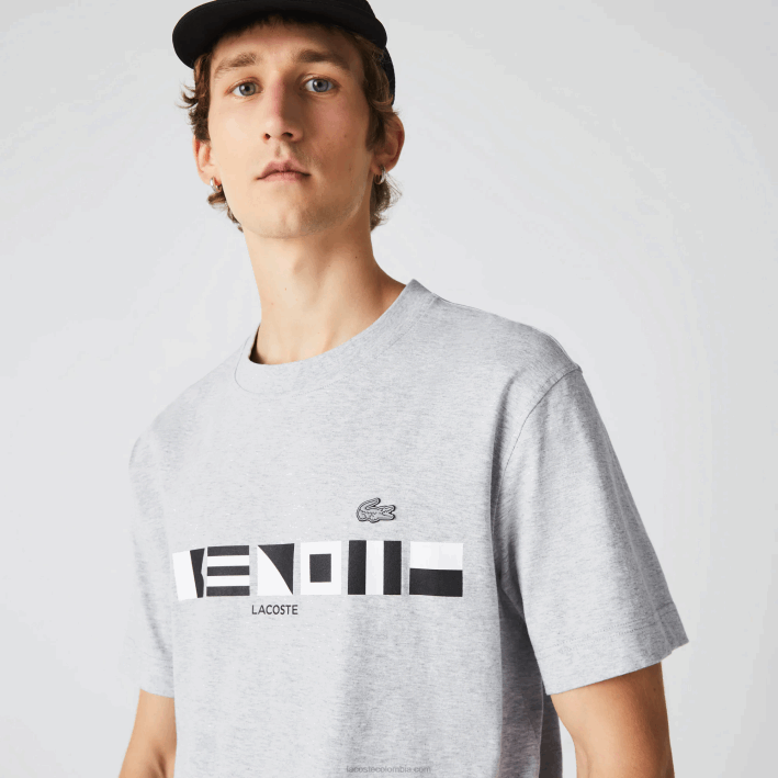 hombres Lacoste 6F24660 lomo gris cca playera con estampado de corte holgado