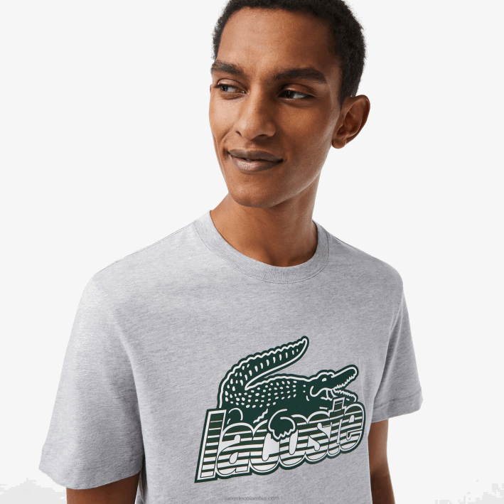 hombres Lacoste 6F2466 lomo gris cca playera con estampado de jersey de algodón