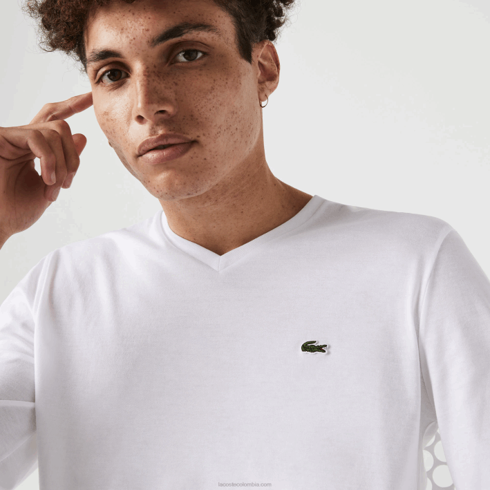 hombres Lacoste 6F24675 blanco 001 playera de punto ligero de algodón pima con cuello en V