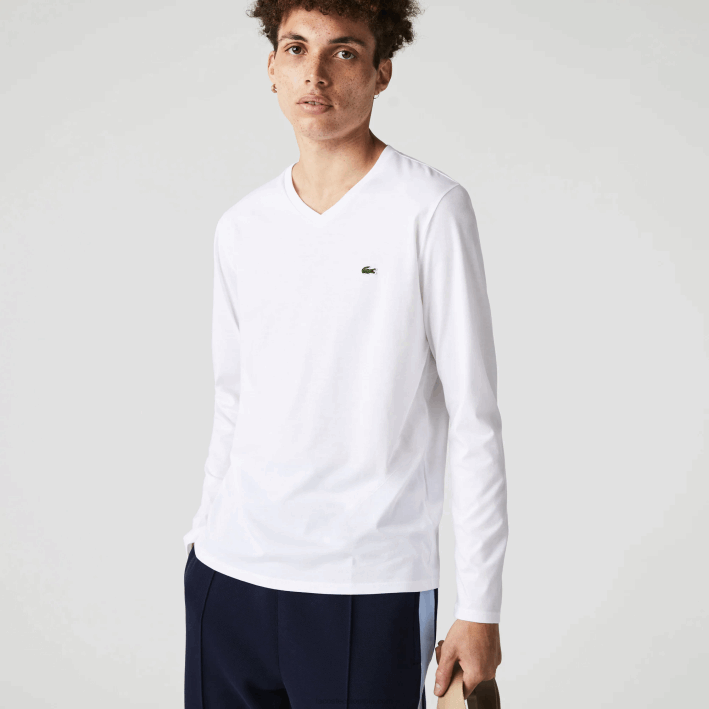hombres Lacoste 6F24675 blanco 001 playera de punto ligero de algodón pima con cuello en V