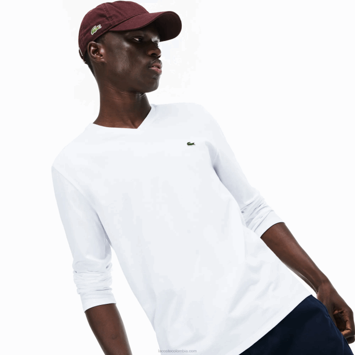 hombres Lacoste 6F24675 blanco 001 playera de punto ligero de algodón pima con cuello en V