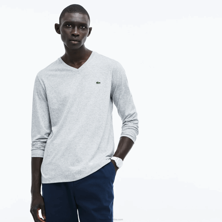 hombres Lacoste 6F24677 lomo gris cca playera de punto ligero de algodón pima con cuello en V