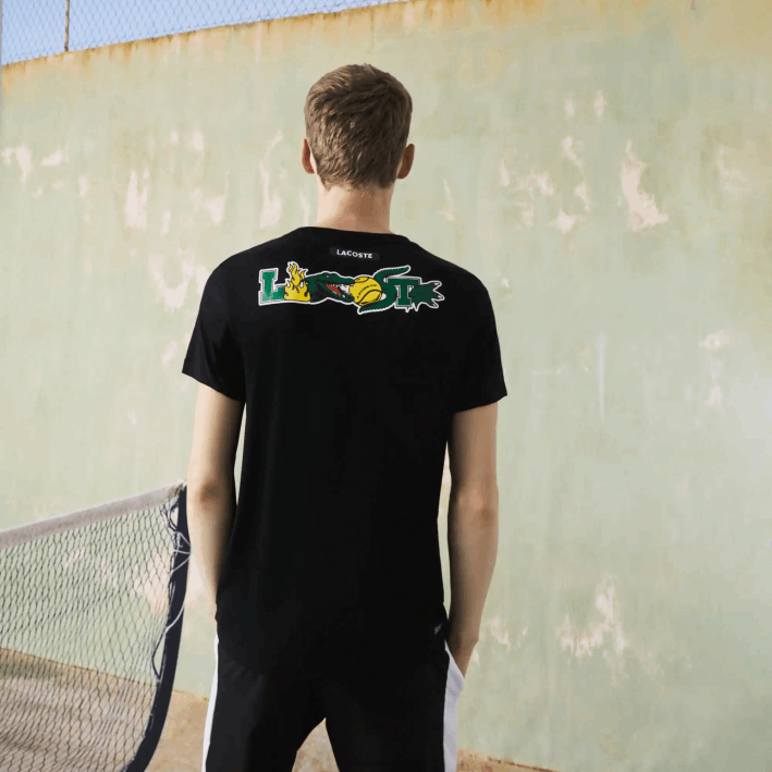 hombres Lacoste 6F24682 negro 031 camiseta de tenis sport con estampado de cocodrilo