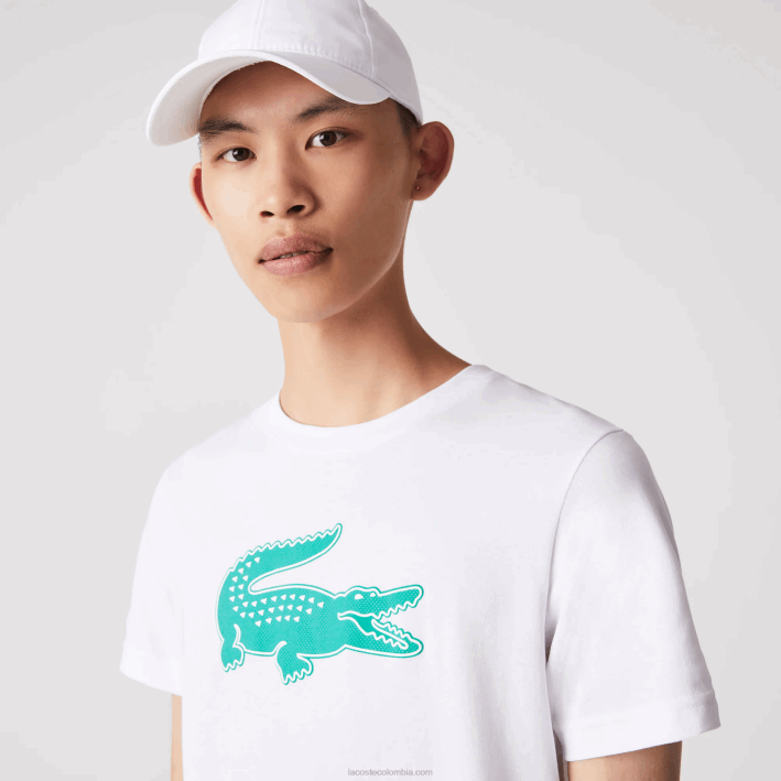 hombres Lacoste 6F24745 blanco verde w1j Camiseta deportiva de punto transpirable con estampado de cocodrilo en 3D