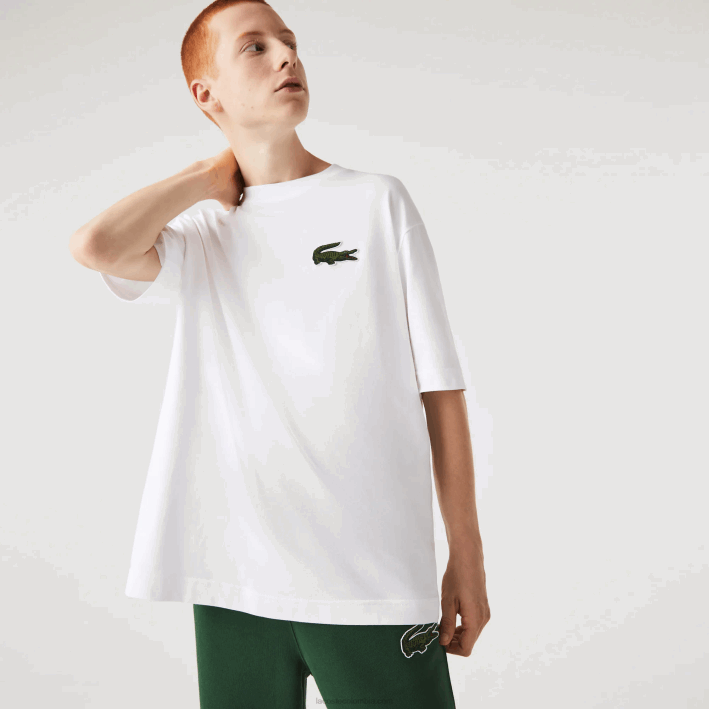hombres Lacoste 6F2475 blanco 001 camiseta holgada de algodón orgánico con cocodrilo grande