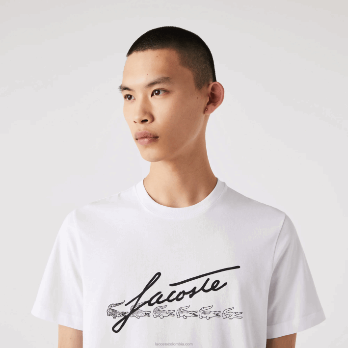 hombres Lacoste 6F24761 blanco 001 camiseta de algodón con cuello redondo y estampado de cocodrilo