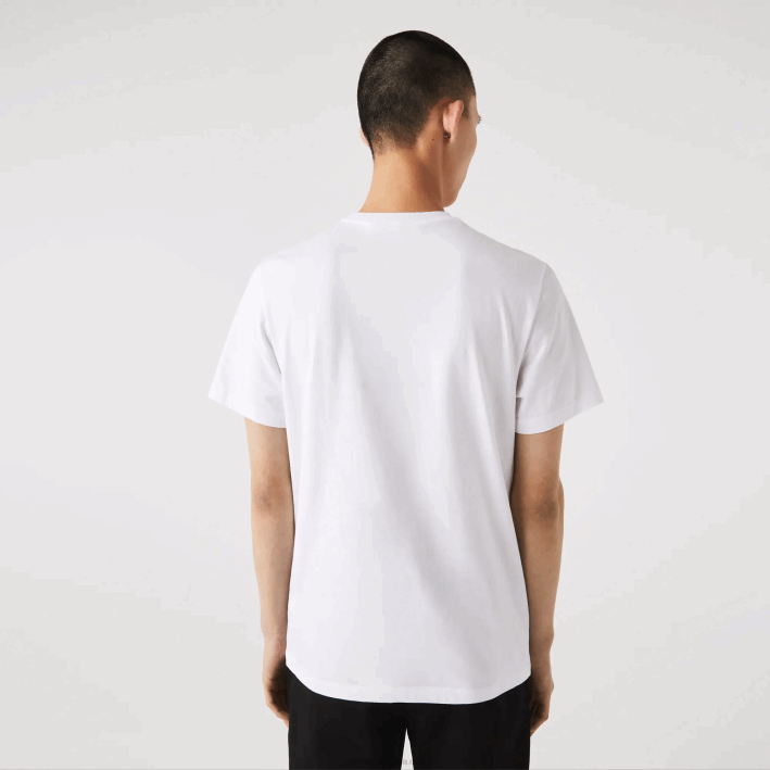 hombres Lacoste 6F24761 blanco 001 camiseta de algodón con cuello redondo y estampado de cocodrilo