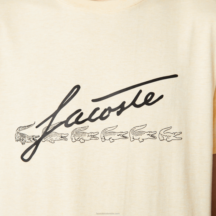 hombres Lacoste 6F24762 hbz amarillo camiseta de algodón con cuello redondo y estampado de cocodrilo