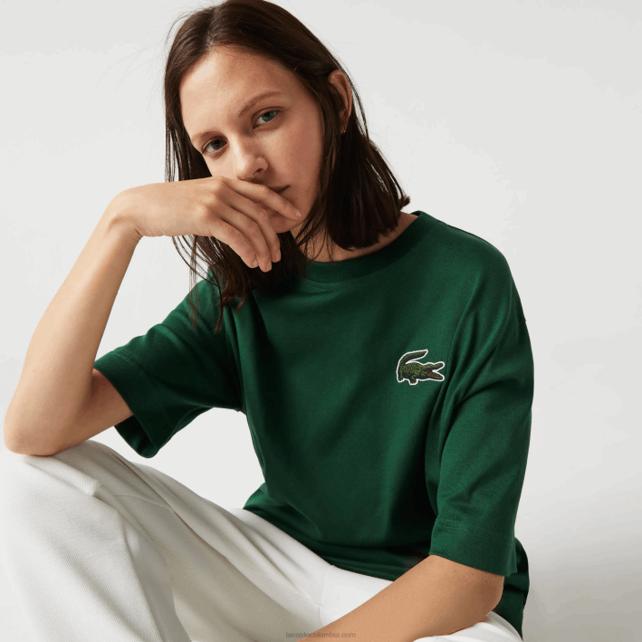 hombres Lacoste 6F2477 verde 132 camiseta holgada de algodón orgánico con cocodrilo grande