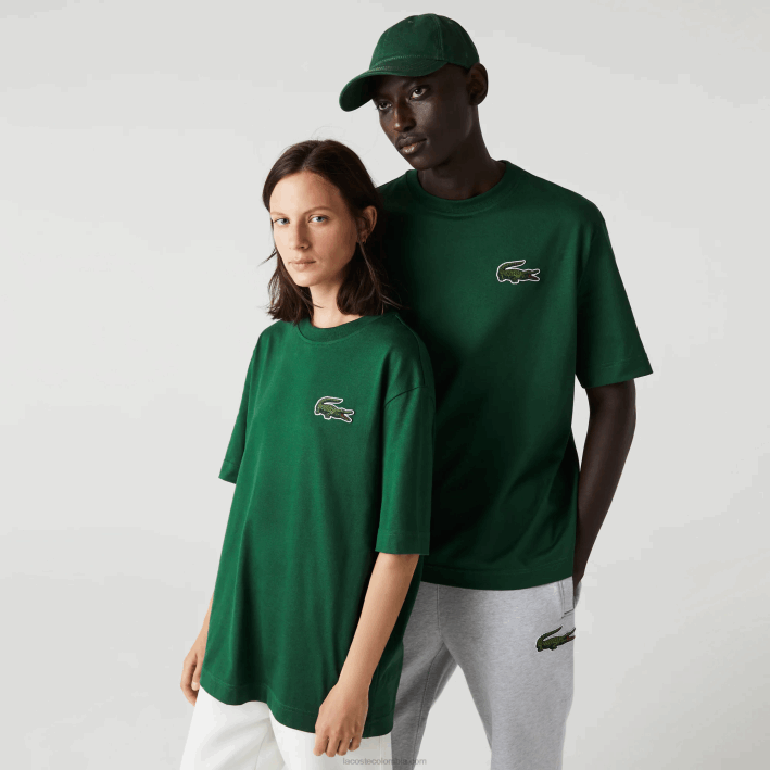 hombres Lacoste 6F2477 verde 132 camiseta holgada de algodón orgánico con cocodrilo grande
