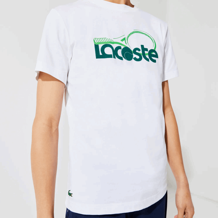 hombres Lacoste 6F24792 blanco verde v7e Camiseta deportiva transpirable con estampado de tenis y cuello redondo