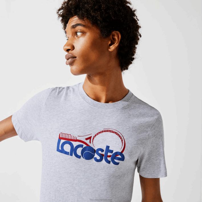 hombres Lacoste 6F24793 gris chino azul rojo 7ku Camiseta deportiva transpirable con estampado de tenis y cuello redondo