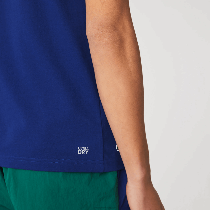 hombres Lacoste 6F24794 azul blanco gtd Camiseta deportiva transpirable con estampado de tenis y cuello redondo