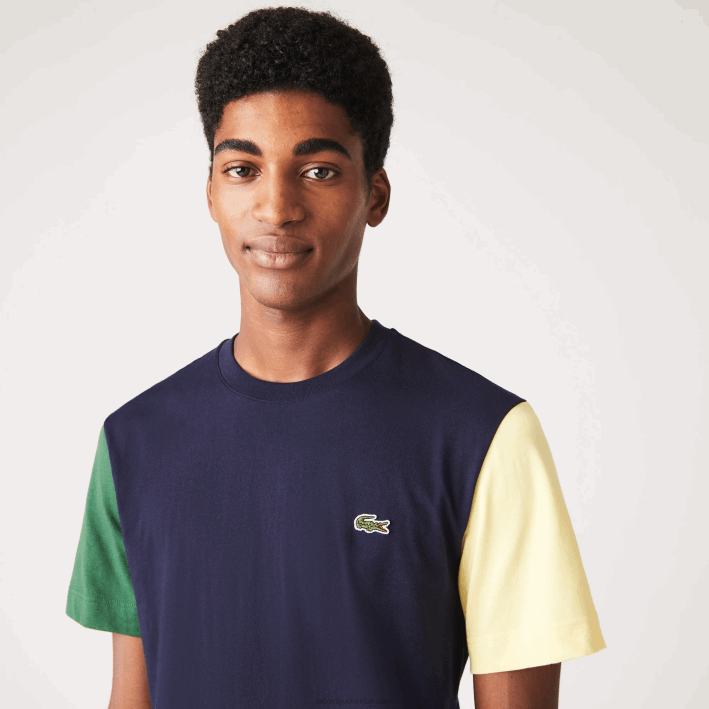 hombres Lacoste 6F24811 azul marino verde amarillo uxw playera de corte regular en jersey de algodón con bloques de color