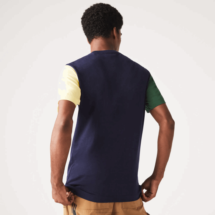 hombres Lacoste 6F24811 azul marino verde amarillo uxw playera de corte regular en jersey de algodón con bloques de color