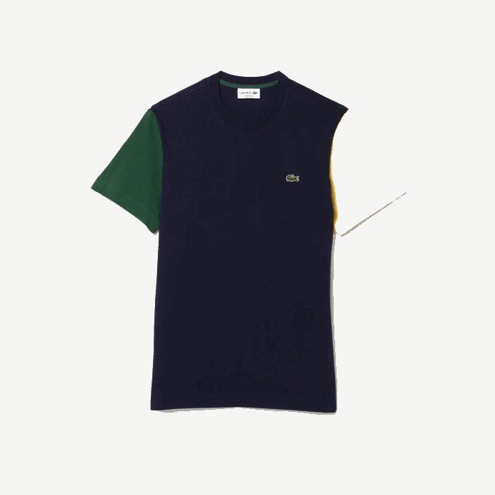hombres Lacoste 6F24811 azul marino verde amarillo uxw playera de corte regular en jersey de algodón con bloques de color