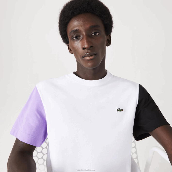 hombres Lacoste 6F24813 blanco morado negro uwx playera de corte regular en jersey de algodón con bloques de color