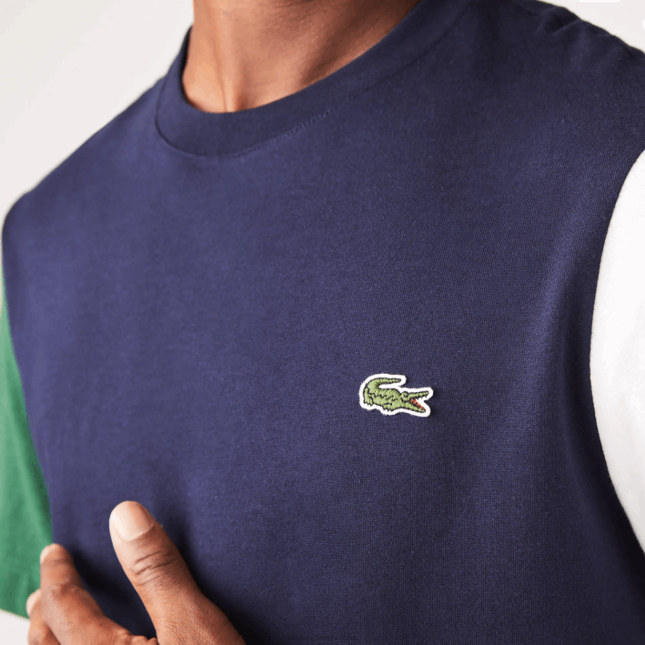 hombres Lacoste 6F24814 azul marino verde blanco yun playera de corte regular en jersey de algodón con bloques de color