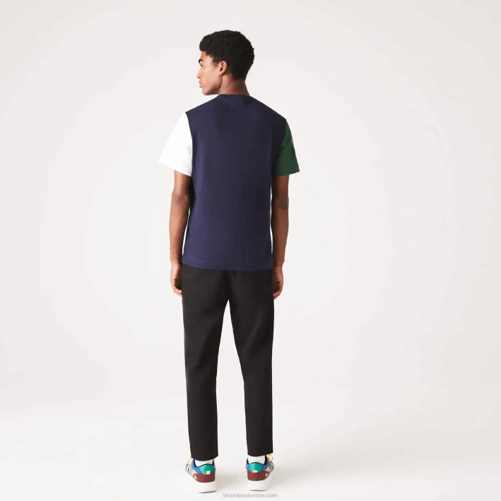 hombres Lacoste 6F24814 azul marino verde blanco yun playera de corte regular en jersey de algodón con bloques de color