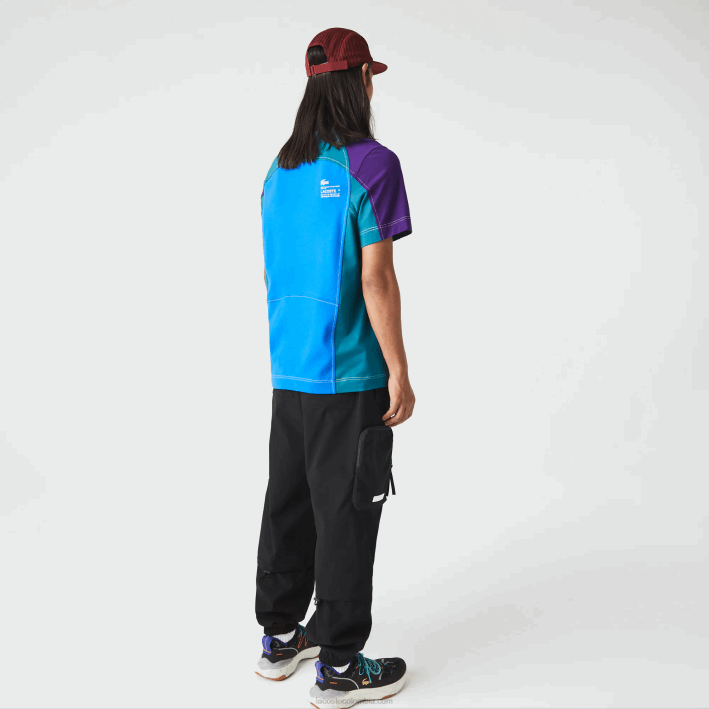 hombres Lacoste 6F24819 azul verde morado 7w6 camiseta heritage regular fit de piqué elástico con bloques de color