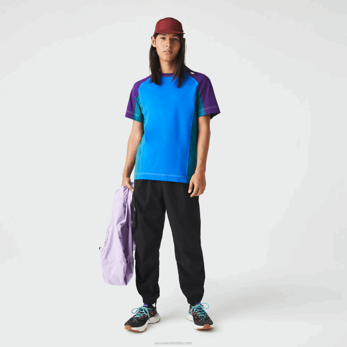 hombres Lacoste 6F24819 azul verde morado 7w6 camiseta heritage regular fit de piqué elástico con bloques de color