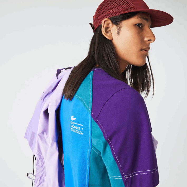 hombres Lacoste 6F24819 azul verde morado 7w6 camiseta heritage regular fit de piqué elástico con bloques de color