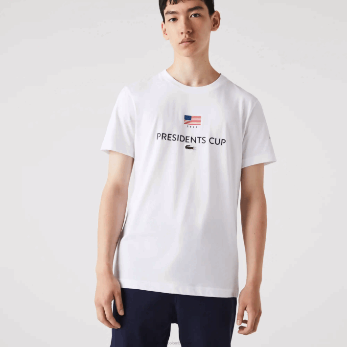 hombres Lacoste 6F24861 blanco 001 camiseta de la bandera americana del deporte de la copa de los presidentes