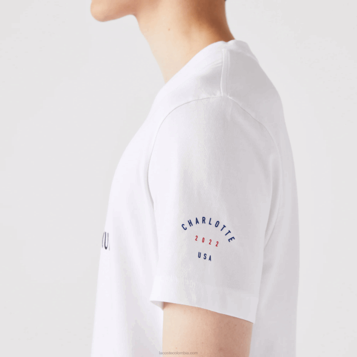 hombres Lacoste 6F24861 blanco 001 camiseta de la bandera americana del deporte de la copa de los presidentes