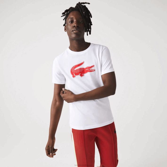 hombres Lacoste 6F2487 blanco rojo b6c Camiseta deportiva de punto transpirable con estampado de cocodrilo en 3D
