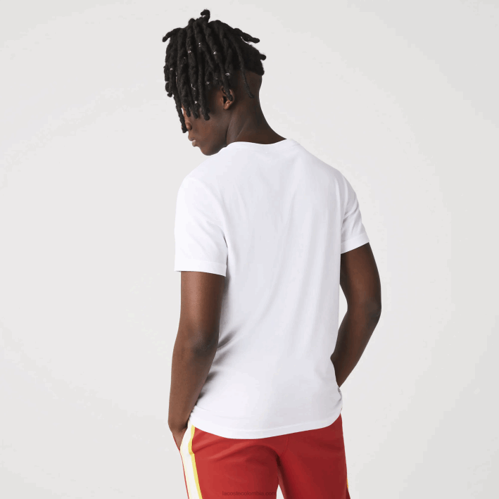hombres Lacoste 6F2487 blanco rojo b6c Camiseta deportiva de punto transpirable con estampado de cocodrilo en 3D