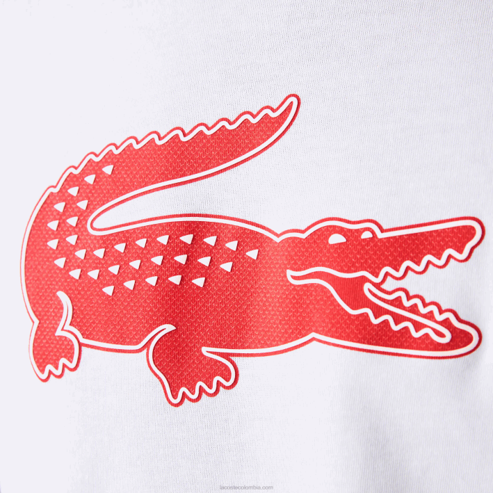 hombres Lacoste 6F2487 blanco rojo b6c Camiseta deportiva de punto transpirable con estampado de cocodrilo en 3D