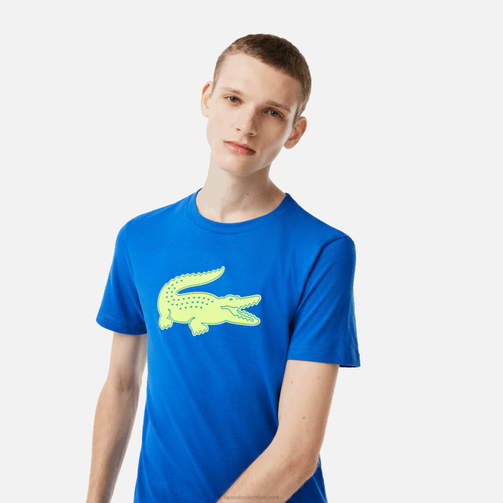 hombres Lacoste 6F2488 azul amarillo etq Camiseta deportiva de punto transpirable con estampado de cocodrilo en 3D