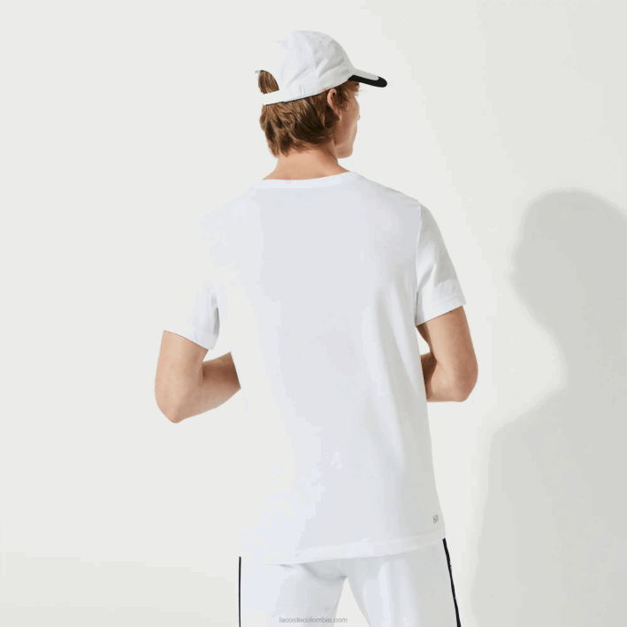 hombres Lacoste 6F2489 blanco azul marino 522 Camiseta deportiva de punto transpirable con estampado de cocodrilo en 3D