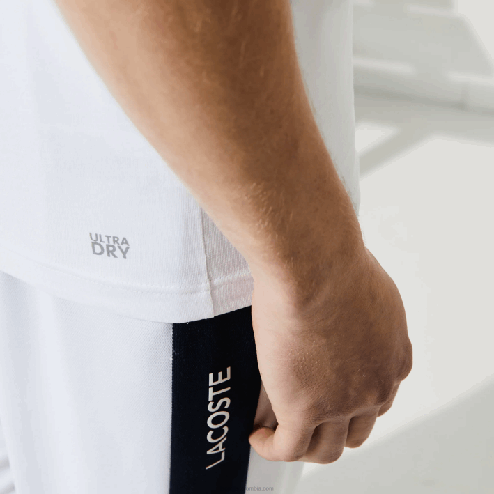 hombres Lacoste 6F2489 blanco azul marino 522 Camiseta deportiva de punto transpirable con estampado de cocodrilo en 3D